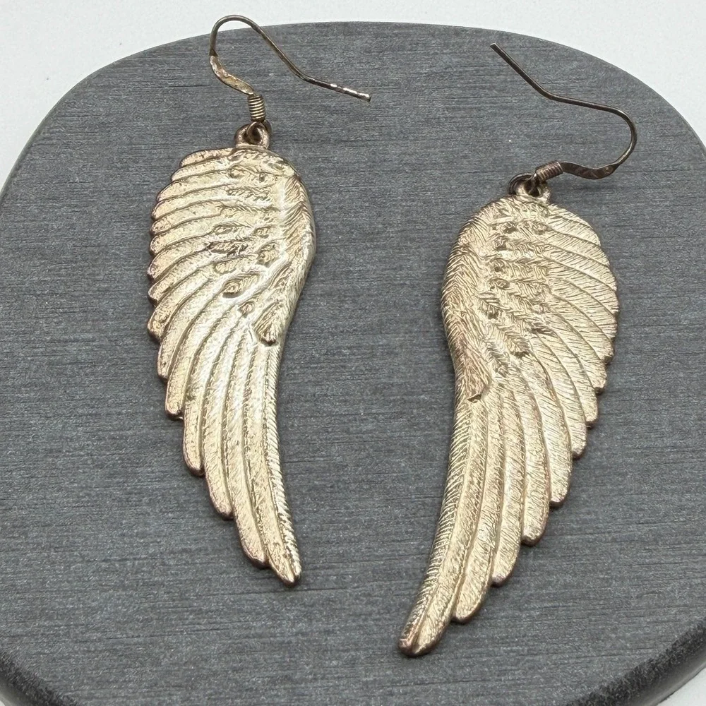 Gold Tone Angel Wing Feather Long Dangle Drop Earrings Boho Statement Jewelry